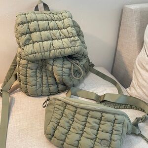 Quilted Olive Green Backpack & Waist Bag Set - Women